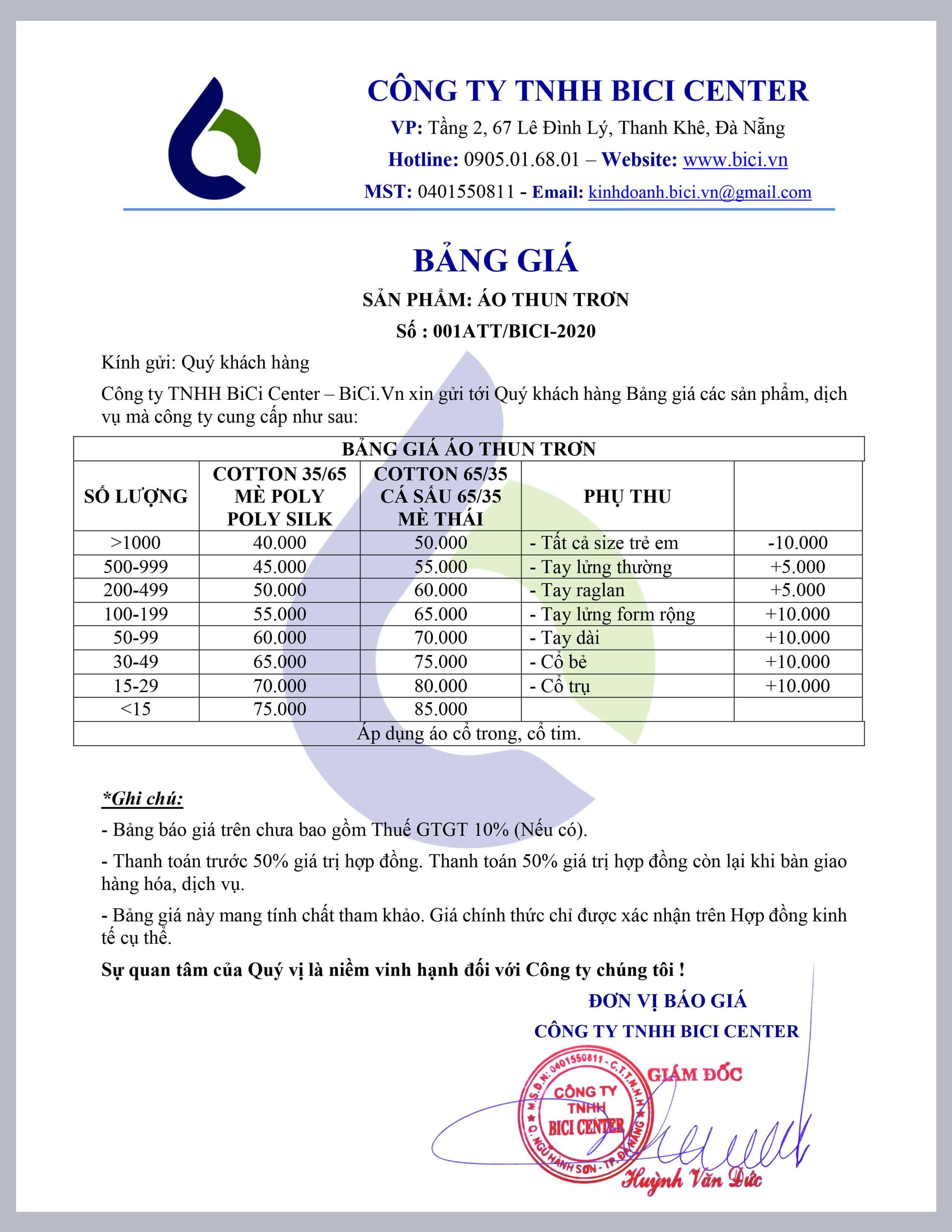 bảng giá áo thun đồng phục bảng giá áo thun đồng phục